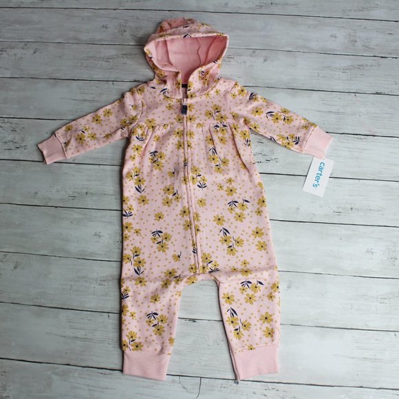 Carter's Baby Girl Hoodie Jumpsuit Romper Size 3 Months Floral Coverall - Picture 3 of 7